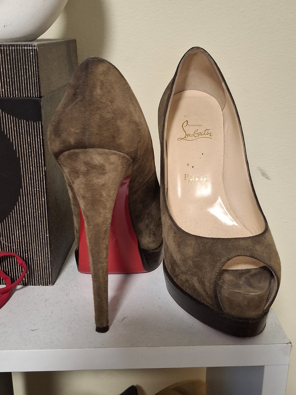 Christian Louboutin Brown Suede Peep-Toe Pumps